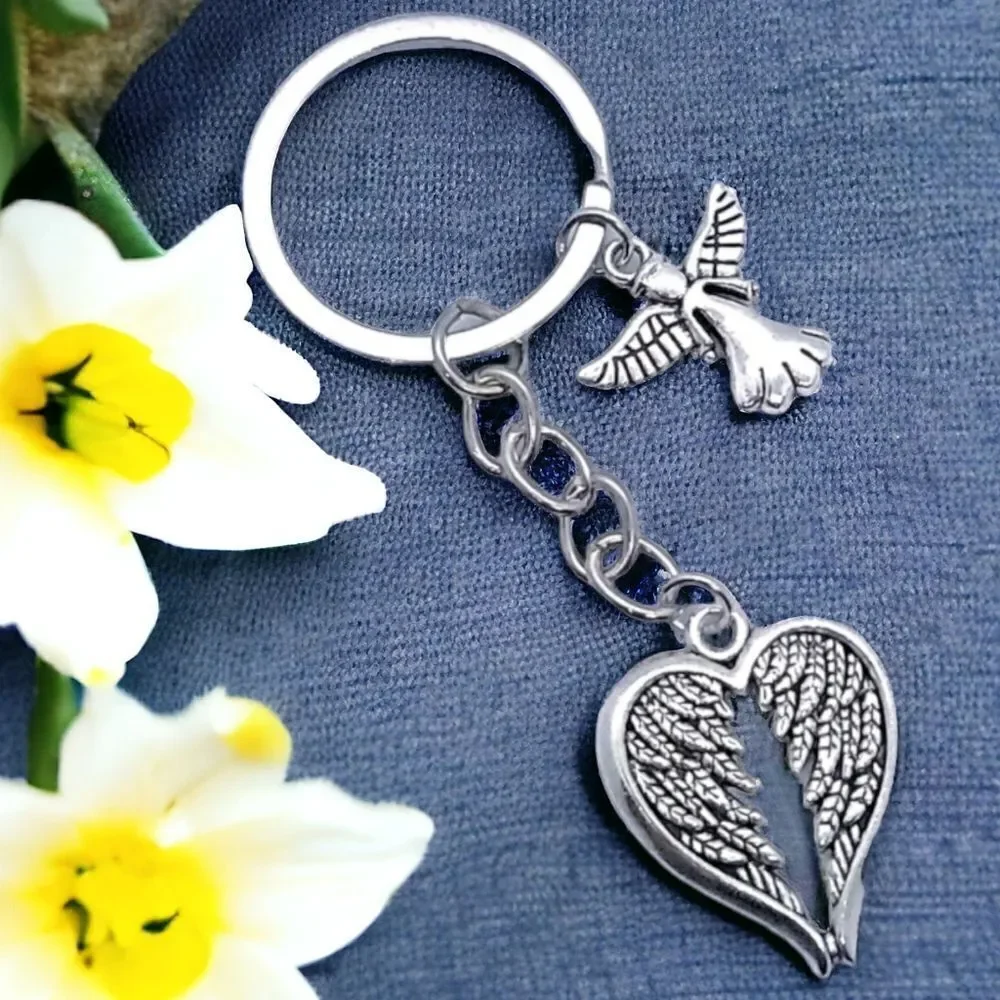 Guardian Angel Heart Wings Keychain Silver Inspirational Bag Charm Memorial Gift